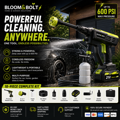 ⚡ Hidrolimpiadora Inalámbrica Bloom&Bolt™ | Limpiadora a Presión de 21V 💦 Boquilla 6 en 1 + Kit de Limpieza Completo