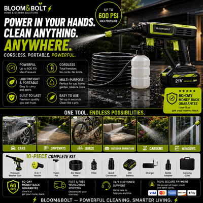 ⚡ Hidrolimpiadora Inalámbrica Bloom&Bolt™ | Limpiadora a Presión de 21V 💦 Boquilla 6 en 1 + Kit de Limpieza Completo
