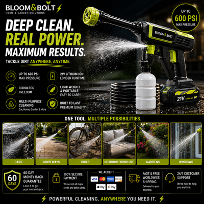⚡ Hidrolimpiadora Inalámbrica Bloom&Bolt™ | Limpiadora a Presión de 21V 💦 Boquilla 6 en 1 + Kit de Limpieza Completo