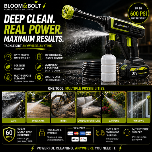 ⚡ Hidrolimpiadora Inalámbrica Bloom&Bolt™ | Limpiadora a Presión de 21V 💦 Boquilla 6 en 1 + Kit de Limpieza Completo