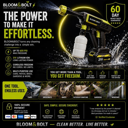 ⚡ Hidrolimpiadora Inalámbrica Bloom&Bolt™ | Limpiadora a Presión de 21V 💦 Boquilla 6 en 1 + Kit de Limpieza Completo
